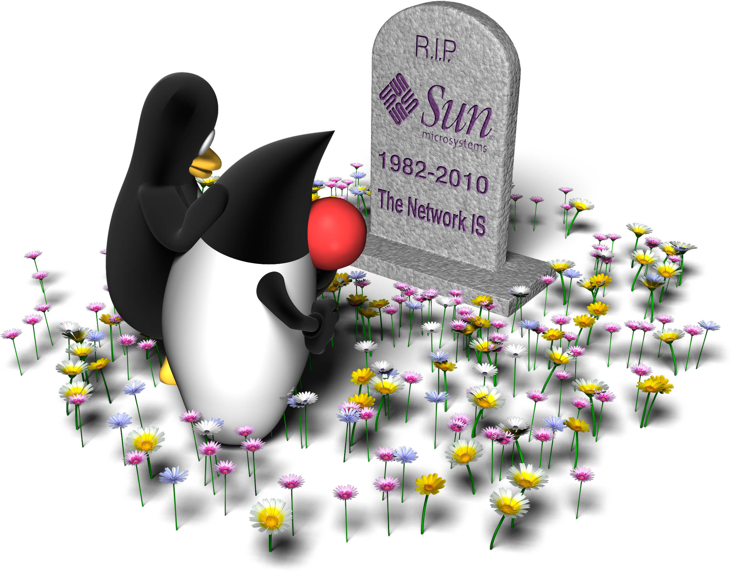 java y tux tristes por la muerte de su compañero